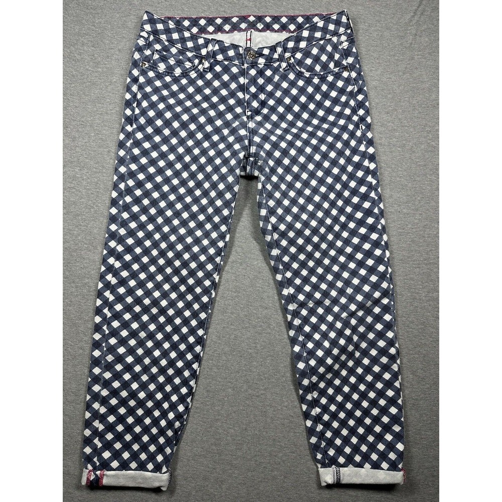 Kate Spade Play Hooky Broome Street  Blue White Diamond Plaid Denim Capris Sz 28